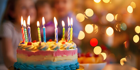 celebration cake with out of focus people in the background, ai generated.