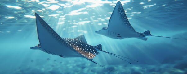 Obraz premium Graceful eagle rays gliding gracefully through the water, 4K hyperrealistic photo