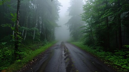 Fototapeta premium 8. A foggy road through a dense forest, tall trees shrouded in mist and an eerie, tranquil atmosphere