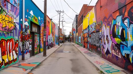 Naklejka premium 12. A vibrant, graffiti-covered alleyway in an urban setting, filled with colorful street art and murals