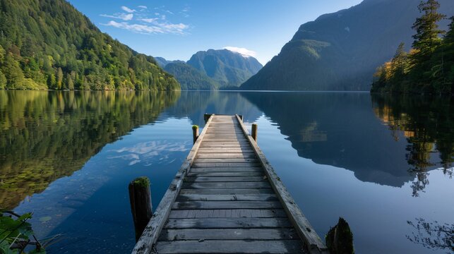 17. A serene lakeside road, the water reflecting the surrounding mountains and trees, with a wooden dock in the foreground