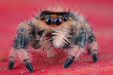 Close up Regal baby jumping spider - Phidippus regius on the ground