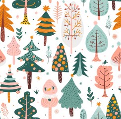 Fototapeta premium Colorful seamless pattern featuring playful forest trees and nature elements in a whimsical, hand-drawn style