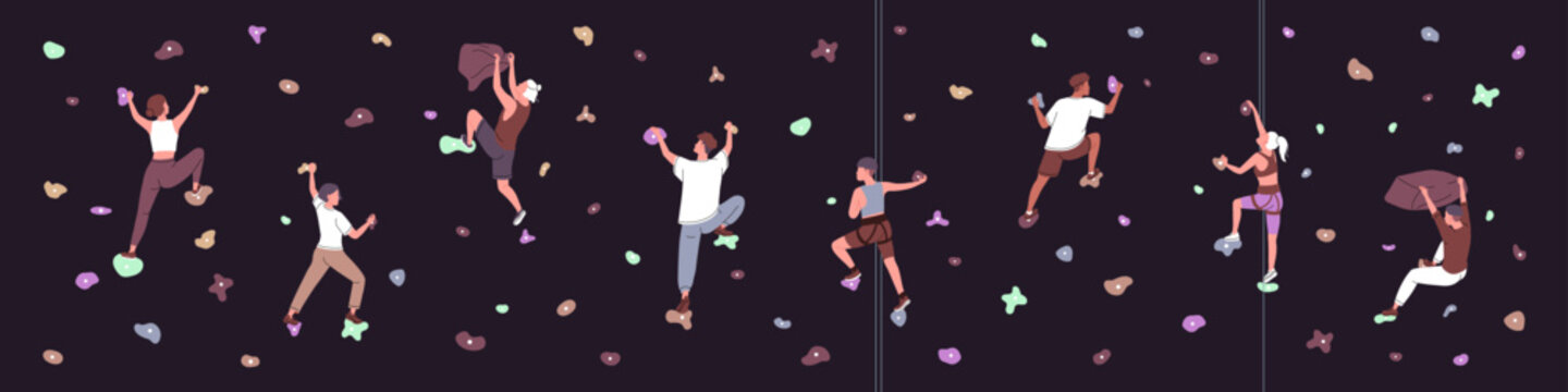 Indoor mountaineering, alpinism. Climbers bouldering, climbing up with equipment, belaying. People training, hanging on artificial rock wall, grap on stones on mountain. Flat vector illustration