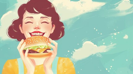 Woman happily holding a burger against a blue background.