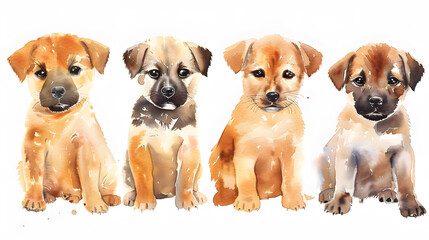 Fototapeta premium Group of cute puppies dogs sitting in a row watercolor illustration isolated on a white background 