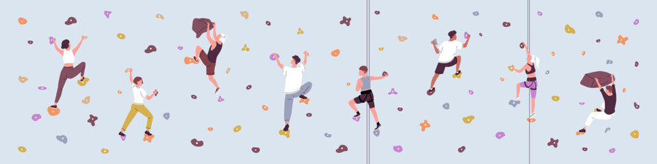 Climbers training in bouldering gym on banner. People climbing up on artificial rock wall in sport park. Men and women mountaineering, goes alpinism indoor with equipment. Flat vector illustration