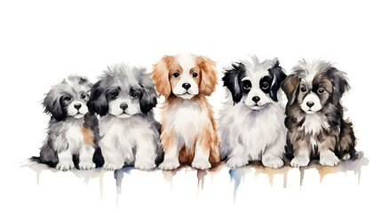 Fototapeta premium Group of cute puppies dogs sitting in a row watercolor illustration isolated on a white background 
