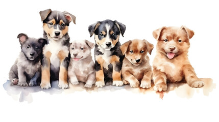 Group of cute puppies dogs sitting in a row watercolor illustration isolated on a white background	