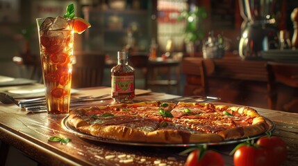 Pizza and iced tea on a rustic table in warm light.