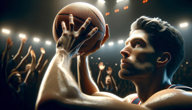 basketball player throwing the ball, close-up portrait, intense face and upper body as they shoot a three-pointer