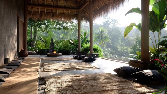 Peaceful tropical terrace with mats and fire pit area