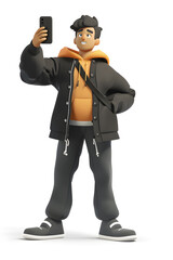 3d cartoon man in suit and tie holding cell phone and taking a selfie isolated on white background