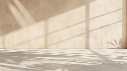 Sunlit Minimalist Wall with Natural Shadows and Light Patterns in Modern Interior. Empty scene for presentations