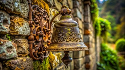 Obraz premium A vintage, rusty, old-fashioned, golden-hued bell with intricate carvings and subtle patina hangs serenely from a moss-covered stone wall.