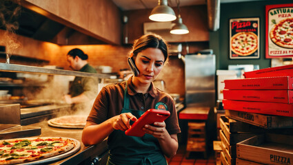 lively smiling pizza chef taking orders on the phone in the kitchen showing a freshly baked large pizza