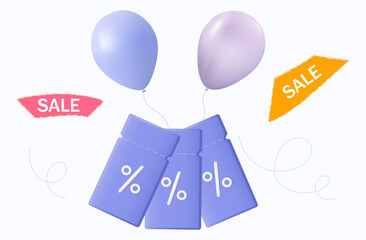 Fototapeta premium Sale coupons 3D. Gift, bonus, advantageous offer. Promotion, discounts, cashback. Voucher 3d with balloons. Showcase, percentage, advertising message. Flying balls, low price tag. Holiday sale. Vector
