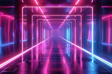Neon Tunnel with Glowing Lines, Retro Futuristic Background