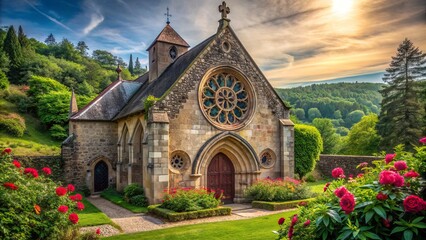 Naklejka premium Ancient stone-built Gothic church with intricately carved doors and stunning rose window amidst lush greenery in rural European landscape.