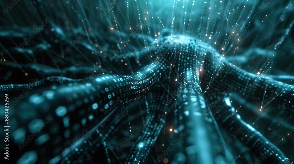 Poster conceptual artificial neuron illustration with binary code wall, symbolizing artificial intelligence
