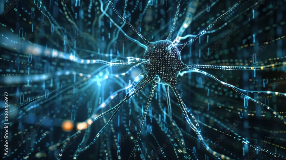 Poster conceptual artificial neuron illustration with binary code wall, symbolizing artificial intelligence