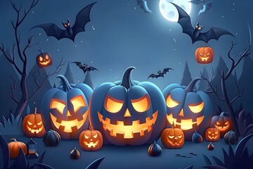 Spooky Halloween scene with glowing jack-o'-lanterns, bats, and a full moon in a dark, eerie forest.