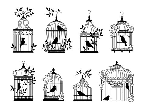 Vintage cages and decorative birds. Dark silhouettes of parrots and canaries houses, steel rods interlacing, freedom and prison, elegant black silhouettes, decorative elements, vector set