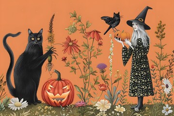 Whimsical Halloween scene with witch, black cat, jack-o-lantern, and flowers on orange background