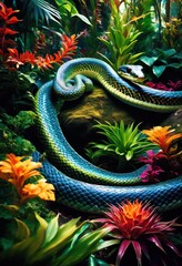 serpentine snake winding through enchanted garden exotic flora fauna, reptile, plants, wildlife, foliage, magical, path, mysterious, lush, tropical, greenery