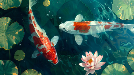 beautiful koi on pool with lotus vector art