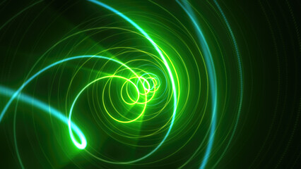Abstract bright glowing green background tunnel with flying lines of energy particles and light rays