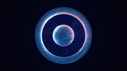 Abstract blue bright glowing background with a sphere core atom energy burning ball circle made of waves of energy rays and plasma with light