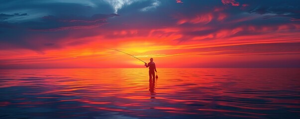 Fototapeta premium A solitary fisherman silhouetted against a vibrant sunset, casting their line into a vast ocean stretching towards the horizon.