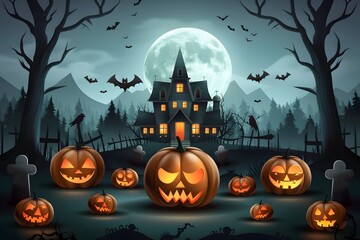 Haunted house, full moon, and carved pumpkins in an eerie forest on Halloween.