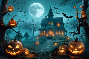 Haunted house under full moon with jack-o-lanterns and bats on eerie Halloween night