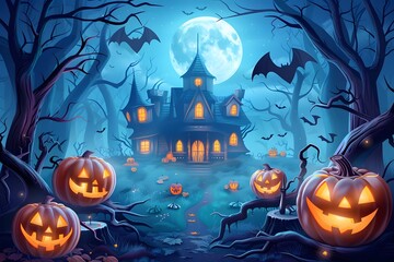 Spooky haunted house with glowing pumpkins under a full moon on a foggy Halloween night.