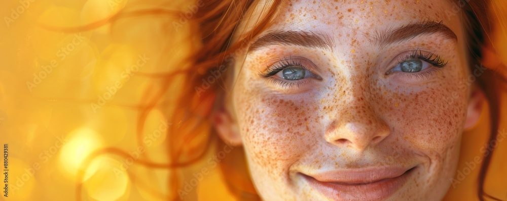 Wall mural A portrait of a person with freckles, their smile radiating warmth and joy.