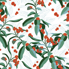 Seamless pattern of cotoneaster in early winter. Cold green theme pattern design for Christmas, Winter holiday, Snow festival