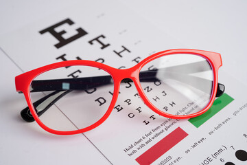 Glasses on eye exam chart to test eyesight accuracy of reading.