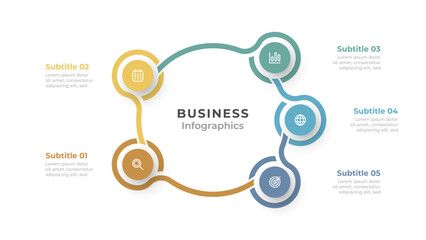 Vector infographic design template. Business concept with 5 options, steps, or processes. Ideal for workflow layouts, diagrams, and web design.