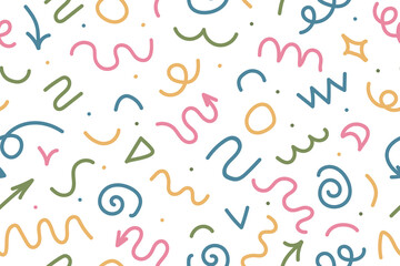 Seamless pattern of straight and wavy marker lines. Highlighting elements, illustrations of permanent markers in the form of checkmarks, arrows in different directions. Attractive visual effects for g