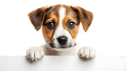 Puppy dog holding blank banner isolated on white background