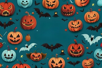 Halloween background with jack-o'-lanterns, bats, and spooky elements on teal backdrop