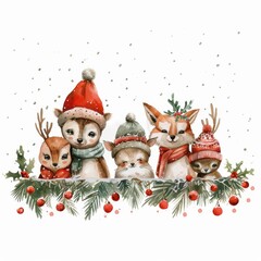 A cute and festive illustration of various woodland animals wearing winter hats and scarves, set against a snowy background with holiday decorations