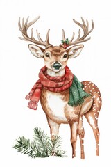 A delightful illustration of a reindeer wearing a red and green scarf, adorned with holly, standing with a festive winter background