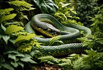 Obraz premium serpent camouflaged historic foliage, reptile, snake, wildlife, forest, jungle, leaves, scales, slither, creepy, crawl, exotic, danger, predator, creature