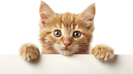 Cute kitten holding blank banner isolated on white background