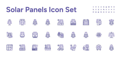 Solar Panels Icon Set. Solar energy installation, maintenance, efficiency, residential, commercial solar solutions for sustainable and renewable energy