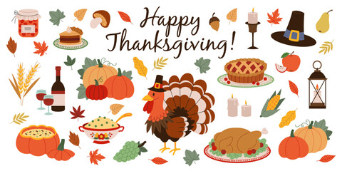 Cartoon thanksgiving day elements. Happy family autumn holiday, traditional food, harvest festival, pumpkins, turkey and pie, pilgrim hat and harvest, tidy vector isolated set