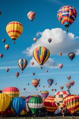Obraz premium Colorful Hot Air Balloons at a Festival Against a Blue Sky